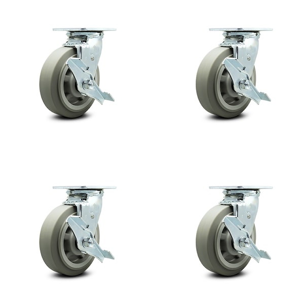 6 Inch Thermoplastic Rubber Caster Set with Roller Bearing and Brake/Swivel Lock